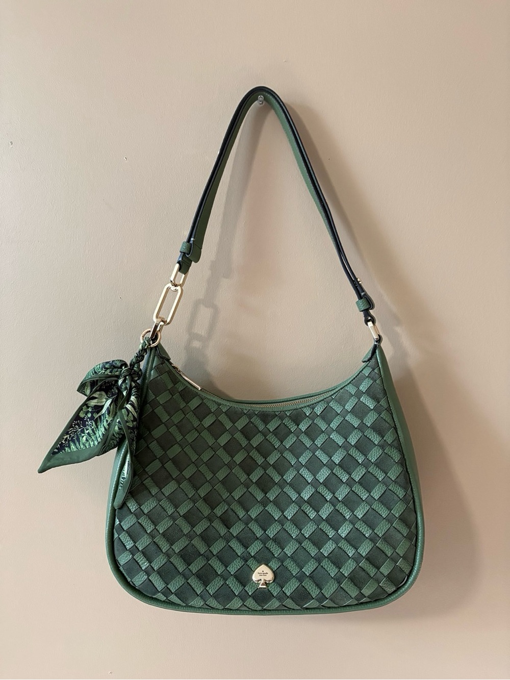 Kate Spade Kayla Woven Leather Large Shoulder Bag – Deep Green